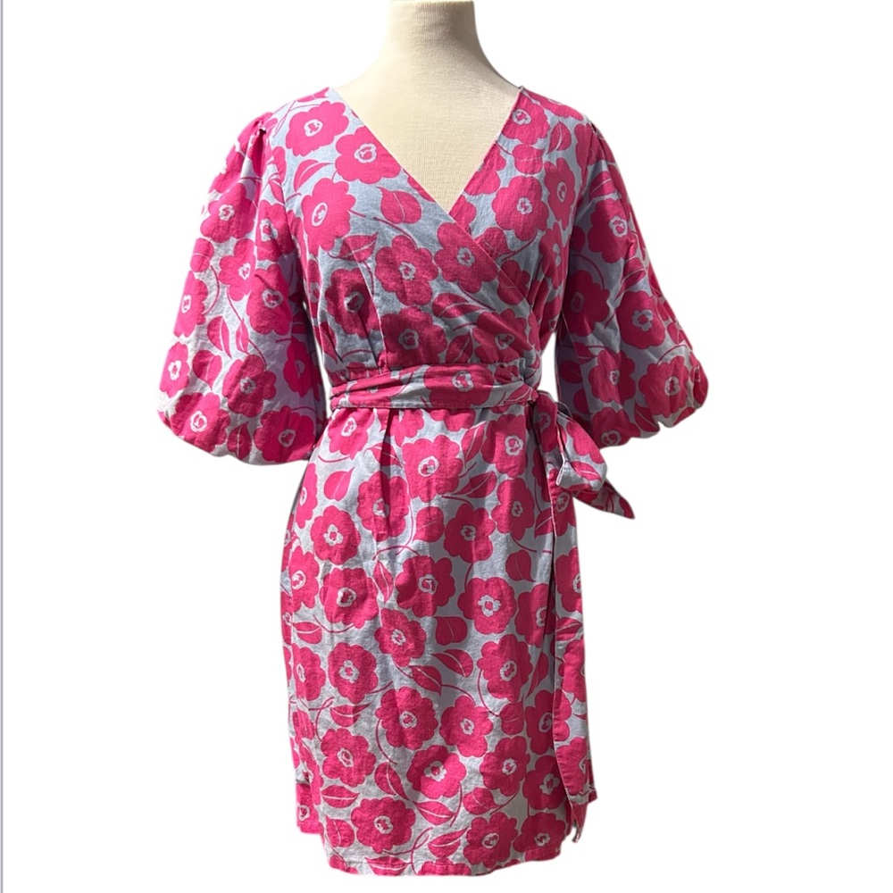 Charter Club Luxury Linen Floral Wrap Dress. | PM Petite Medium | Pink and Blue